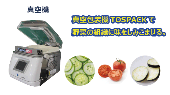 真空機TOSPACKで野菜の組織に味をしみこませる。
